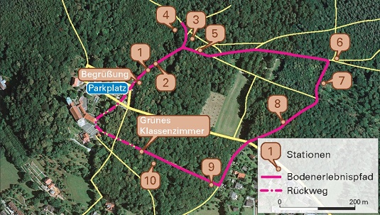 Karte des Gebietes um den Bodenerlebnispfad mit den Stationen