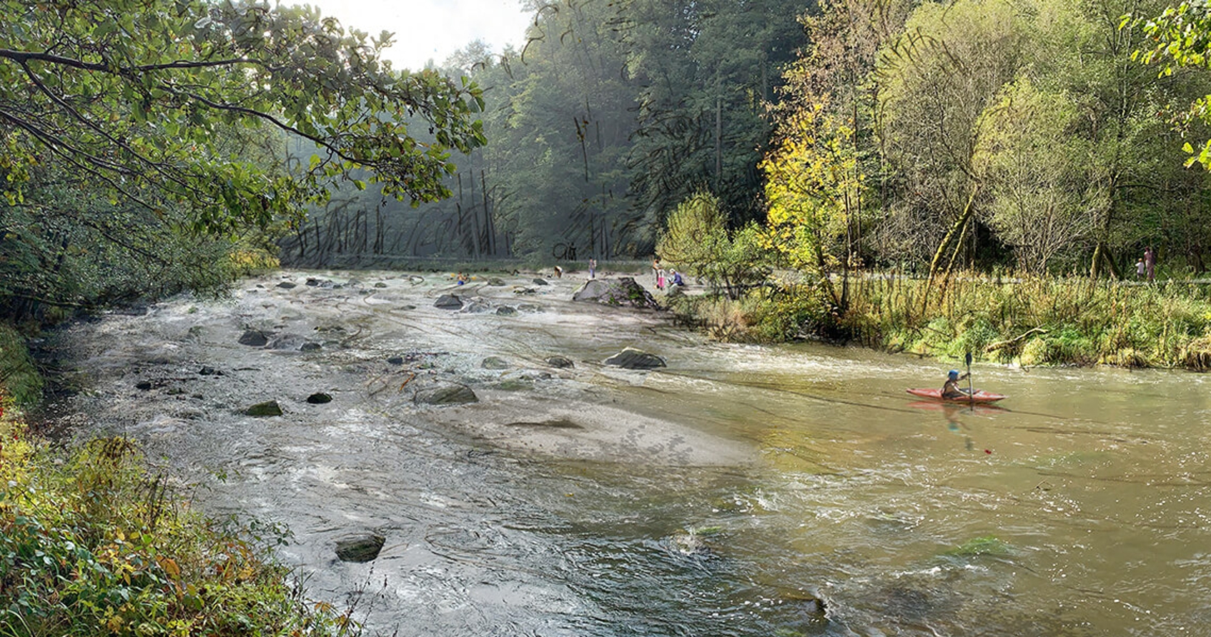 Plan-Zustand ohne Wehr, Blick von Unterwasser Plan-Zustand ohne Wehr, Blick von Unterwasser